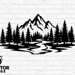 Künstlerische Silhouette Bergfluss Szene CNC-Datei - Natur Landschaft SVG DXF Schnittdatei für Laser- &Plasmaschneiden