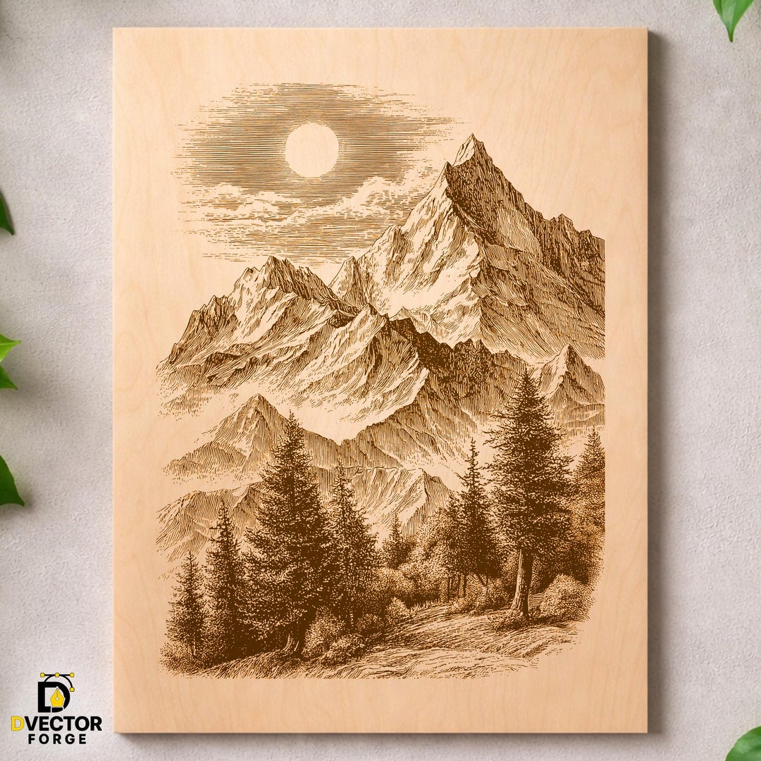 Mountain Landscape Forest Engraving Art Rustic Nature Print Digital ...