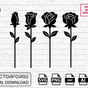 Paquete SVG de rosas: siluetas de flores en la etapa de floración / Archivo de corte PNG, DXF, AI y EPS para láser, Cricut, CNC y manualidades