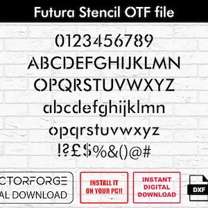 May include: A black and white image displaying the Futura Stencil font in an OTF file format. The font includes numbers, uppercase and lowercase letters, and punctuation marks. The image also includes text that says "Vectorforge Digital Download", "Install it on your PC!!", and "Instant Digital Download".