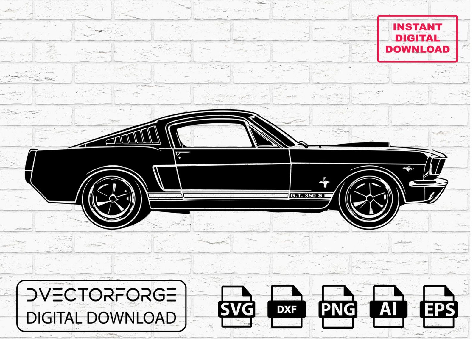 Gt350 Vector 1965 Ford Mustang GT350 Vector Clipart: Classic Muscle Car (digital ...