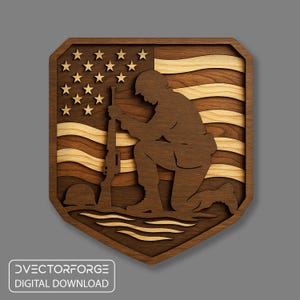 Veterano del ejército de EE. UU. SVG / Soldado arrodillado con bandera de EE. UU. Archivo de corte de madera multicapa / DXF PNG listo para láser para Cricut Glowforge Tribute Decor