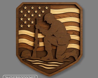 US Army Veteran SVG: Kneeling Soldier, USA Flag Wood Cut File (Digital Download)