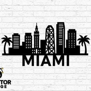 Miami Skyline Silhouette paysage urbain SVG DXF fichier de coupe CNC | Paysage urbain de palmiers | Laser Plasma Ready Ai Eps Png | Floride, silhouette