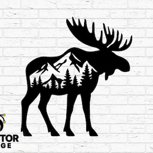 Moose Silhouette Forest SVG Dxf Png Ai Eps | Wilderness Animal Silhouette Cut File for Cricut Glowforge CNC | Mountain Wildlife Clipart