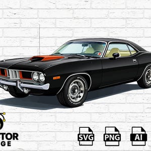 Könnte beinhalten: Schwarzes klassisches Muscle-Car mit orangefarbenen Akzenten auf der Motorhaube und der Front. Das Auto hat einen weißen Streifen am unteren Rand und verchromte Stoßstangen. Der Innenraum ist beige. Das Bild enthält den Text "DVECTOR FORGE" und Dateityp-Symbole.