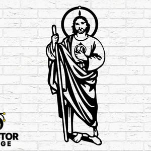 May include: Black and white vector illustration of a religious figure with a halo, holding a staff and draped in fabric. The image includes the text "HAND DRAWN", "TOOLPATH TESTED", and "DVECTOR FORGE". File type icons are also present.