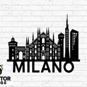 May include: Black silhouette of the Milan skyline, including the Duomo and other iconic buildings, with the city name "MILANO" below. The image includes file type icons for SVG, DXF, PNG, AI, and EPS.