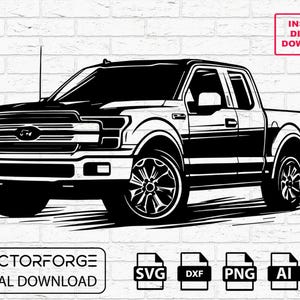Könnte beinhalten: Schwarz-Weiß-Illustration eines Pick-up-Trucks. Das Bild enthält den Text "Sofortiger digitaler Download" in einer rosa Box. Der untere Teil des Bildes enthält den Text "VECTORFORGE DIGITAL DOWNLOAD" und Dateityp-Symbole.