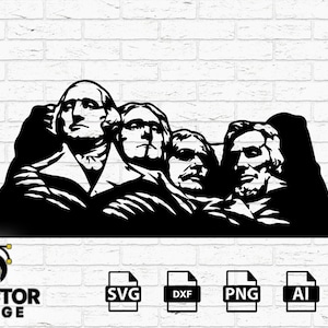 Puede incluir: Ilustración vectorial en blanco y negro del Monte Rushmore con los rostros de cuatro presidentes estadounidenses. La imagen incluye el texto "Hand Drawn", "Toolpath Tested", el logotipo de DVector Forge e iconos de tipo de archivo.