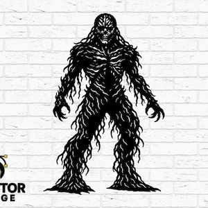 May include: Black silhouette of a creature with a skull-like face and long, flowing hair. The figure has a textured, fur-like appearance and is standing with arms outstretched. The image includes the text "HAND DRAWN", "TOOLPATH TESTED", and "DVECTOR FORGE".