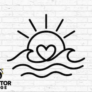 Peut inclure: Illustration en noir d'un soleil avec des rayons, un cœur et des vagues océaniques. L'image comprend le texte "DVector Forge" et des icônes de type de fichier pour SVG, DXF, PNG, AI et EPS. Fond de mur de briques blanches.