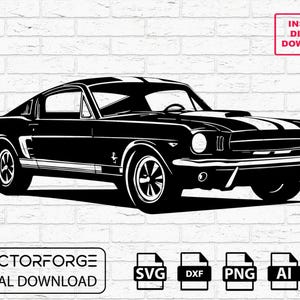 Pode incluir: Ilustração a preto e branco de um carro desportivo clássico com faixas de corrida. A imagem inclui o texto "INSTANT DIGITAL DOWNLOAD" e "VECTORFORGE DIGITAL DOWNLOAD" com ícones de tipo de ficheiro.