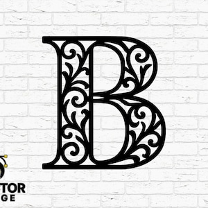 May include: Black, ornate letter "B" with a floral design, set against a white brick wall. The design includes swirls and curves. The image also includes the text "HAND DRAWN", "TOOLPATH TESTED", and "DVECTOR FORGE".