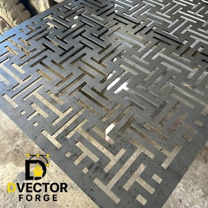 May include: A large, rectangular metal sheet with a geometric maze-like pattern cut throughout. The metal has a weathered, industrial appearance. The logo "DVECTOR FORGE" is in the bottom left corner.