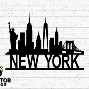 Silhueta do horizonte de Nova York, paisagem urbana, arquivo de corte SVG DXF CNC | Silhueta da cidade de Nova York, PNG, EPS AI | Arte vetorial da Estátua da Liberdade e da Ponte