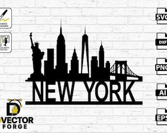 New York Skyline silhouette cityscape SVG DXF CNC Cut File | New York City Silhouette Png Eps Ai | Statue of Liberty & Bridge Vector Art
