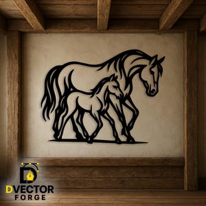 May include: Black metal wall art showing a mare and foal walking together. The silhouette artwork displays the horses' forms against a neutral backdrop. The logo "DVECTOR FORGE" is visible at the bottom of the image.
