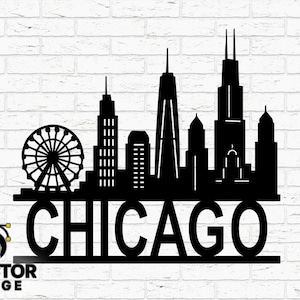 Silhueta do horizonte de Chicago, paisagem urbana, arquivo de corte SVG DXF CNC | Silhueta da cidade de Chicago, PNG, EPS AI | Arte vetorial de roda gigante e arranha-céus