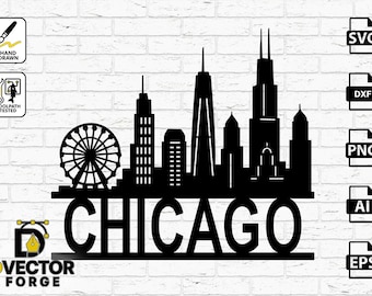Chicago Skyline Silhouette Cityscape SVG DXF CNC Cut File | Chicago City Silhouette Png Eps Ai | Ferris Wheel & Skyscrapers Vector Art