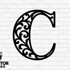 May include: Black, ornate letter "C" with a decorative floral design, set against a white brick wall. Includes file type icons for SVG, DXF, PNG, AI, and EPS. The logo for DVector Forge is also present.