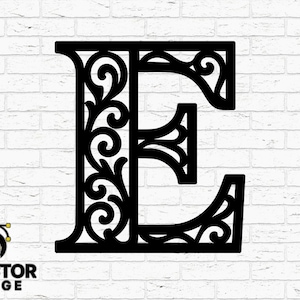 May include: Black, ornate letter "E" with a decorative floral design. The letter is set against a white brick wall. Includes file type icons for SVG, DXF, PNG, AI, and EPS. The logo for DVector Forge is in the lower left corner.