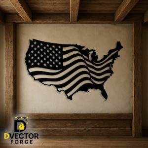 May include: Black metal wall art depicting the United States map with the American flag design. The flag is waving, with stars and stripes visible. The artwork is mounted on a beige wall, with the text "DVECTOR FORGE" at the bottom.