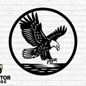 American Bald Eagle Silhouette SVG Round Sign Design SVG Dxf Png Ai Eps | Flying Eagle Over Water Cut File for CNC Laser Cricut Glowforge