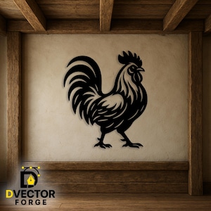 May include: Black metal rooster wall art. The rooster is a silhouette with detailed feather and comb design. The artwork is mounted on a beige wall with wooden beams and a wooden shelf. The logo "DVECTOR FORGE" is in the lower left corner.