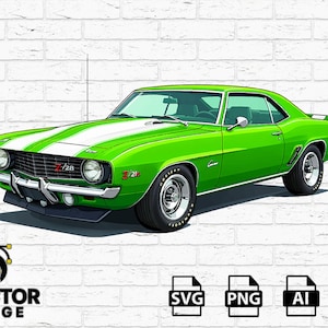 May include: A vibrant green classic car illustration with white racing stripes. The car features the text "Z/28" and "7 21". The image is set against a white brick wall background. The logo "DVECTOR FORGE" is in the lower left corner.
