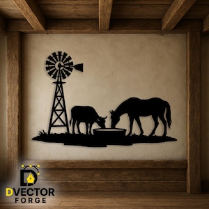 May include: Black metal wall art depicting a rural scene. A windmill stands beside a cow and a horse drinking from a trough. The artwork is mounted on a beige wall with wooden beams and the logo "DVECTOR FORGE".