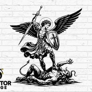 Könnte beinhalten: Schwarz-Weiß-Illustration von Erzengel Michael, der den Teufel besiegt. Der Erzengel mit Flügeln und Heiligenschein hält Schwert und Schild. Der Teufel liegt am Boden. Der Hintergrund ist eine Backsteinmauer.