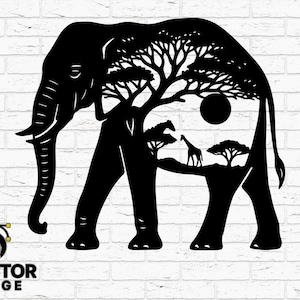 Silhueta artística, cena de elefante SVG – Arquivo de corte com dupla exposição Safari | PNG DXF AI EPS para Laser, Cricut, CNC | Arte de parede de vida selvagem