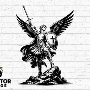 Könnte beinhalten: Schwarz-Weiß-Illustration eines Engels mit großen Flügeln, der ein Schwert und einen Schild mit einem Kreuz hält. Der Engel steht auf einer felsigen Oberfläche. Der Text "HAND DRAWN" und "DVECTOR FORGE" ist enthalten.