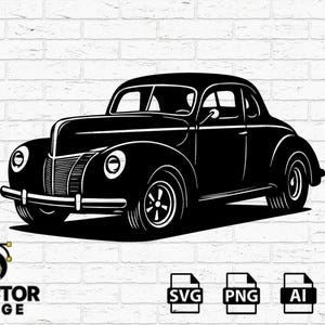 May include: Black and white illustration of a classic vintage car. The car has a rounded body, prominent headlights, and a detailed front grille. The image includes the text "DVECTOR FORGE" and file type icons for SVG, PNG, AI, and EPS.