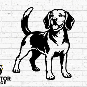 Puede incluir: Ilustración en blanco y negro de un perro Beagle de pie. El perro tiene una cola larga y orejas caídas. La imagen incluye el texto "Hand Drawn", "Toolpath Tested" y "DVector Forge", junto con iconos de tipo de archivo.