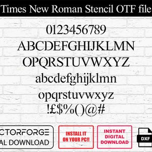 Może przedstawiać: Cyfrowy plik do pobrania czcionki Times New Roman Stencil w formacie OTF. Obraz przedstawia podgląd czcionki, w tym cyfry, duże i małe litery oraz znaki interpunkcyjne.
