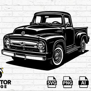 May include: A monochrome illustration of a classic Ford pickup truck. The image shows the truck's front, including the grille and headlights, with the word "FORD" visible. File type icons for SVG, PNG, AI, and EPS are also present.