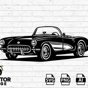 May include: A black and white vector illustration of a classic convertible car. The car features a detailed design with rounded headlights, a distinctive grille, and whitewall tyres. The image is suitable for various design applications.