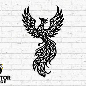 May include: Black, laser-cut phoenix design with intricate details, wings spread wide. The image includes the text "Hand Drawn", "Toolpath Tested", and "DVECTOR FORGE". File formats include SVG, DXF, PNG, AI, and EPS.