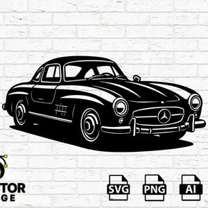 Könnte beinhalten: Schwarz-Weiß-Illustration eines klassischen Autos mit elegantem Vintage-Design. Das Auto hat eine abgerundete Karosserie, markante Scheinwerfer und das Mercedes-Benz-Logo. Das Bild enthält Dateityp-Symbole und den Text "DVECTOR FORGE".