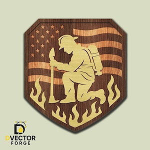 Archivo de corte CNC de bombero vectorial SVG DXF / Arte mural en capas de bombero con bandera estadounidense / Homenaje a bombero PNG Eps Ai Vector / Grabado láser CNC