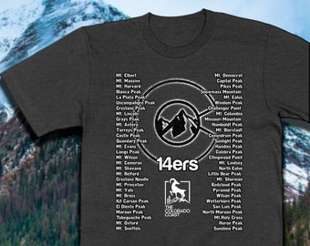 Colorado Fourteeners | 14ers | Rocky Mountains | Colorado Gifts & Souvenirs  | Climb Mountains | State Logo | Colorado 14er List Shirt