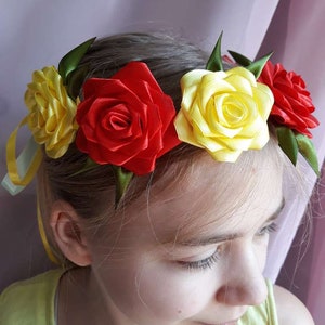 Hair wreath Kanzashi style, Hair crown from satin ribbon, Flower wreath of satin ribbon, Colorful Satin ribbon flower wreath image 1