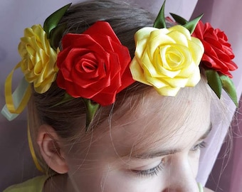 Hair wreath Kanzashi style, Hair crown from satin ribbon, Flower wreath of satin ribbon, Colorful Satin ribbon flower wreath