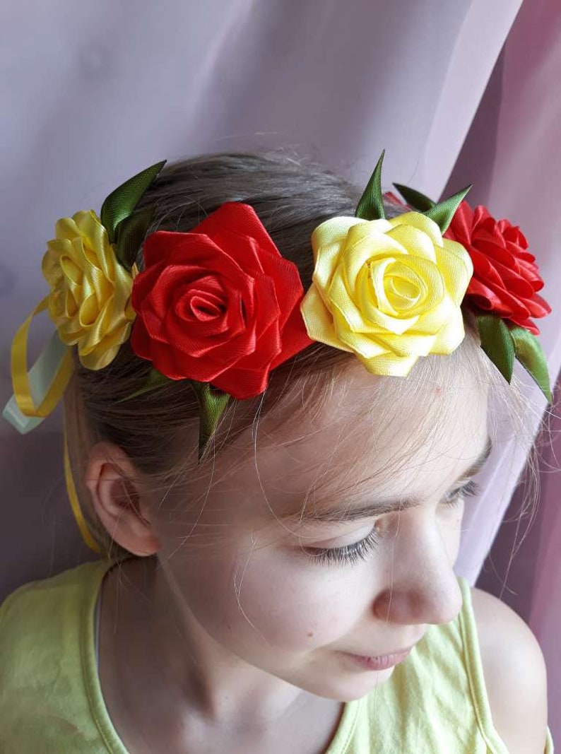 Hair wreath Kanzashi style, Hair crown from satin ribbon, Flower wreath of satin ribbon, Colorful Satin ribbon flower wreath image 1