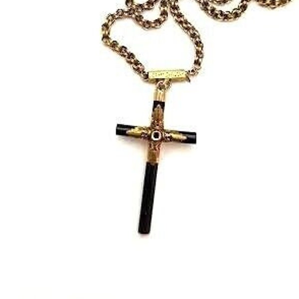 Victorian Stanhope Cross Necklace in 10K Gold, 1800's Vintage Jewelry