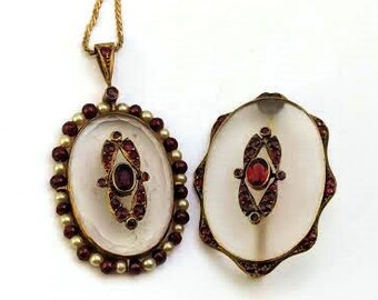 Victorian Bohemian Garnet Necklace and Pin Set, 1910's, Vintage Jewelry