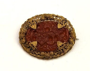 Art Nouveau Czech Glass Pin in Brass, 1930's