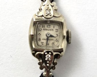 Vintage Gruen 14k Gold and Diamond Wrist Watch, 1960's, Vintage Watches